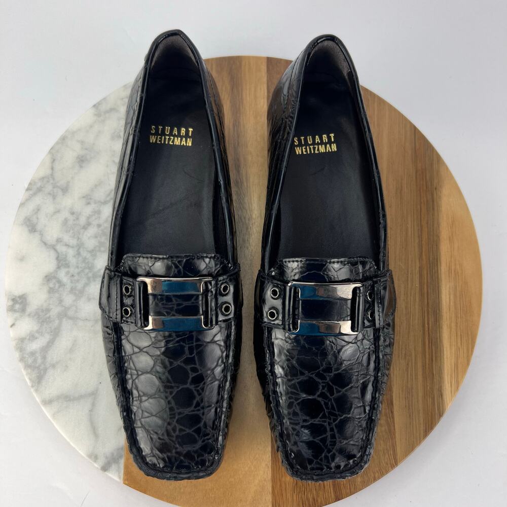 Stuart Weitzman 6 Women Black Crocodile-Embossed Leather Loafer Office Luxury